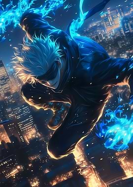Anime character with blue flames over city