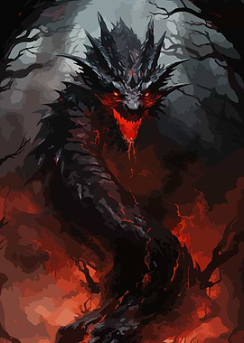 Fiery Black Dragon in Dark Forest
