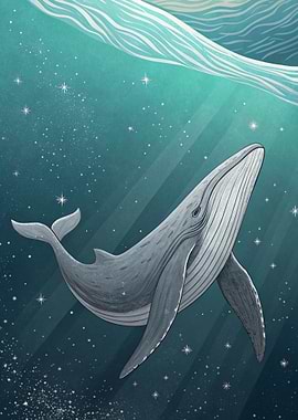 Whale swimming in starry ocean
