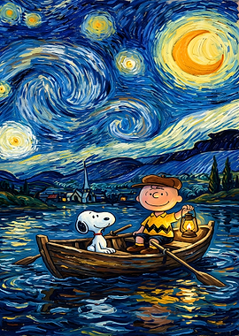 Charlie Brown and Snoopy in Starry Night Boat