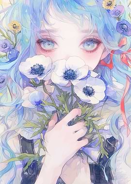 Anime Girl with Blue Hair and Flowers