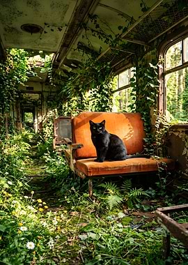 Black cat in abandoned train carriage