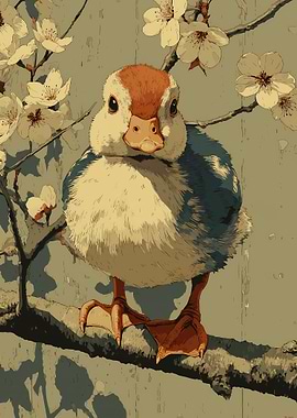 Cute Duckling on a Branch with Cherry Blossom