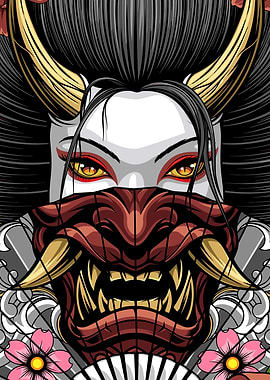 Geisha with Oni Mask and Cherry Blossoms