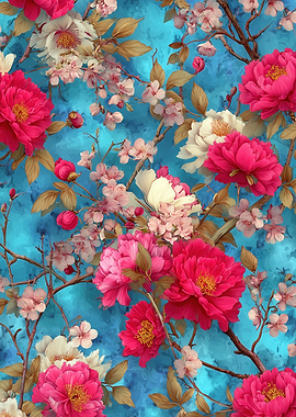 Vibrant Floral Pattern on Blue Background