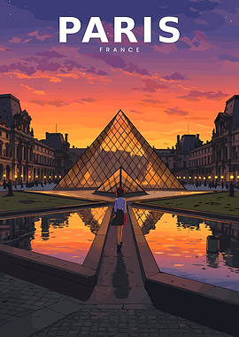 Paris Louvre Pyramid at Sunset