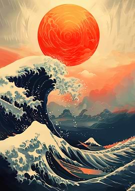 Great Wave with Red Sun and Mount Fuji