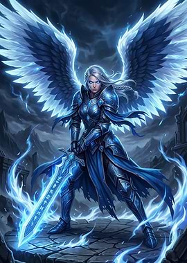 Blue Angelic Warrior with Glowing Sword