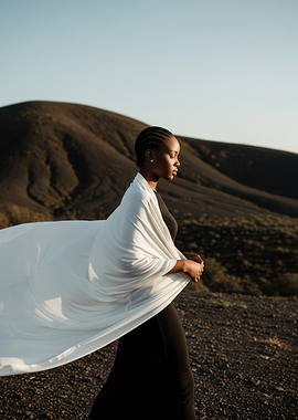 Woman in black dress with white shawl