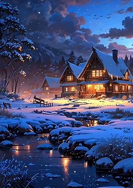 Cozy Winter Cabin at Dusk