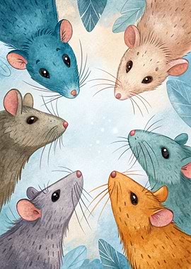 Five Watercolor Rats Looking Up