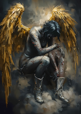 Sad Angel with Golden Wings