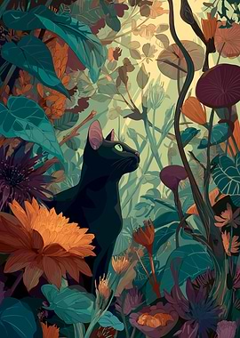Black Cat in a Lush Jungle