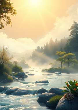 Misty River Sunrise Landscape