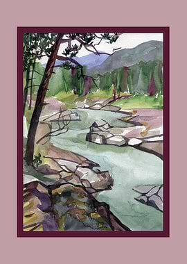Watercolor Painting of a Mountain River