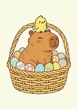 Cute Capybara and Chick in Easter Basket