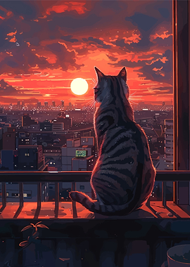 Cat watching sunset over city