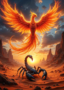 Magic Phoenix and Scorpion in Desert Sunset