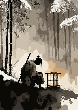 Samurai in Bamboo Forest with Lantern Art