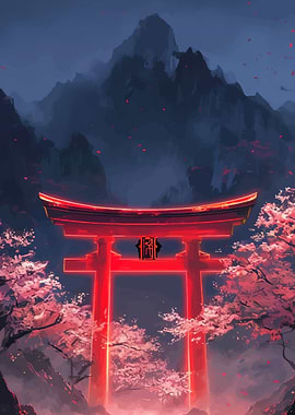 Glowing Torii Gate with Cherry Blossoms