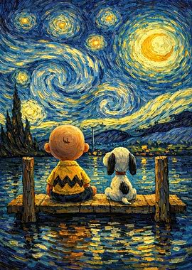 Charlie Brown and Snoopy under Starry Night