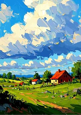 Impressionistic Landscape with Red Barn