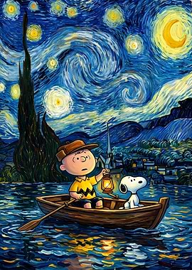 Charlie Brown and Snoopy in Starry Night