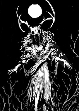 Dark Figure with Antlers and Skull Mask