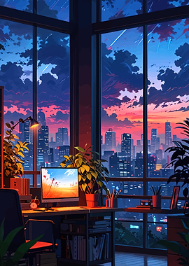 Anime cityscape desk at sunset