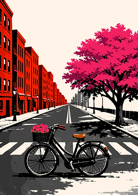 Bicycle with Flowers on City Street Cityscape