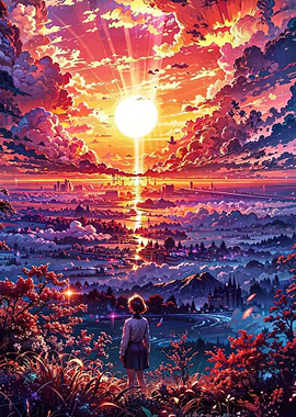 Girl Gazing at a Vibrant Sunset Over a City