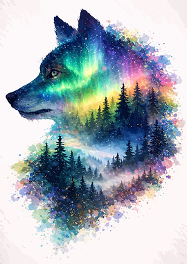 Wolf Aurora Forest Watercolor