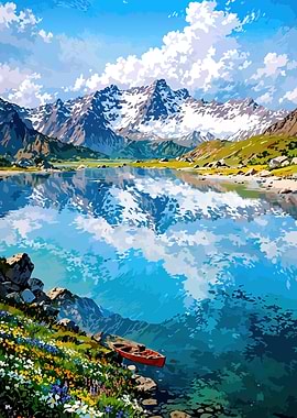 Serene Mountain Lake with Red Boat