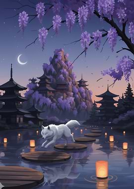 White Wolf on Stepping Stones at Night