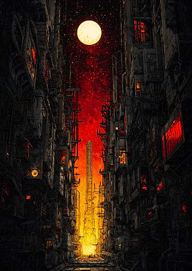 Cyberpunk City Street Moon Red