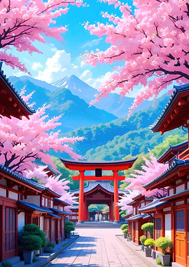 Japanese Torii Gate with Cherry Blossoms