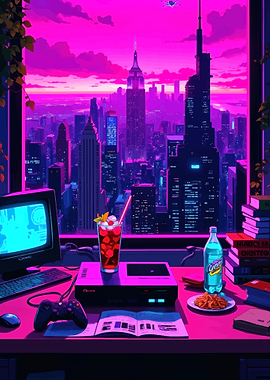 Retro Gaming Setup with Cityscape View