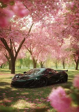 Black McLaren P1 Under Cherry Blossoms