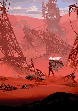 Post-apocalyptic landscape with a lone figure