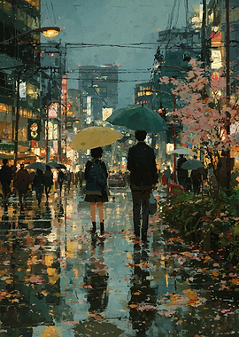 Couple walking in rainy city street