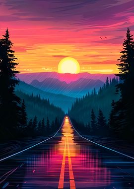 Vibrant Sunset Over a Wet Road