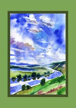 Watercolor Landscape of a Winding River