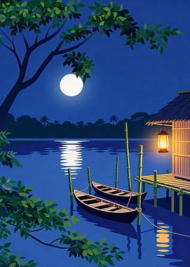 Moonlit Tropical Night Scene