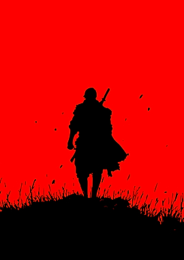 Samurai Silhouette Against Red Sky