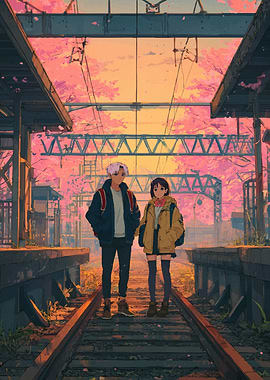 Couple at Train Station with Cherry Blossoms