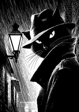 Noir Cat Detective in the Rain