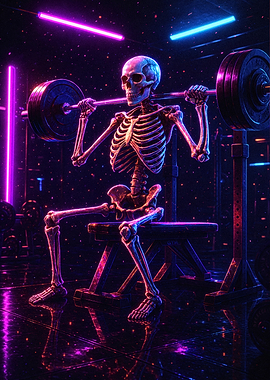 Meme Absurd Skeleton lifting weights in neon gym
