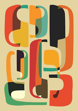 Abstract Mid Century Poster, Retro Geometric Wall Art, Colorful Organic Shapes Print