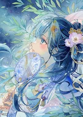 Anime Girl with Fan and Flowers