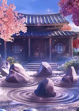 Serene Japanese Garden with Cherry Blossoms
